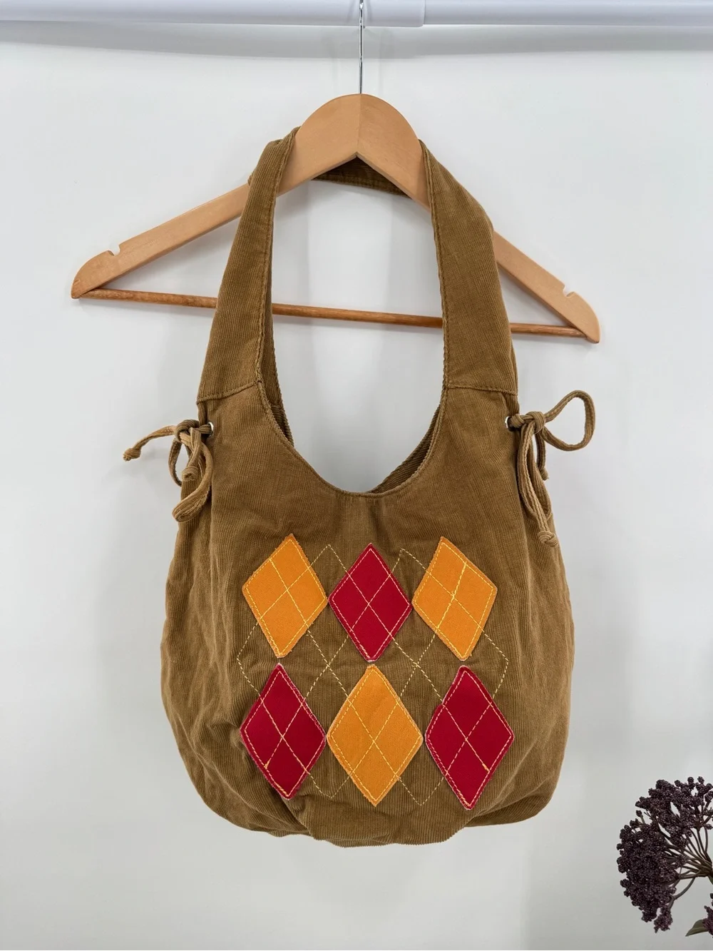 Y2K Corduroy Argyle Shoulder Bag Brown Boho Hobo Purse Academia Preppy